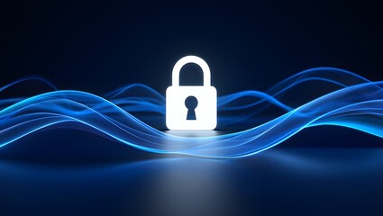 Secure data protection concept with padlock and blue abstract waves background art
