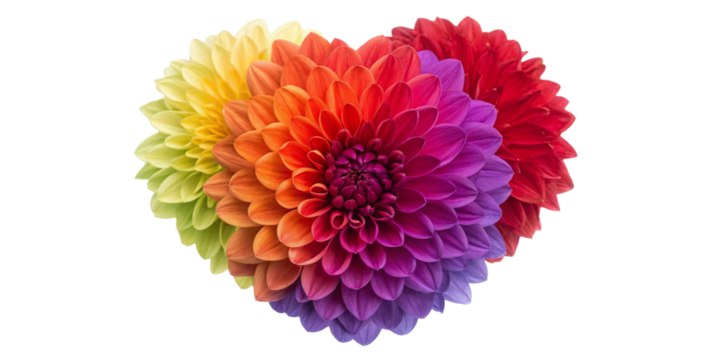 Rainbow Dahlia Flower Heart Shape on white background