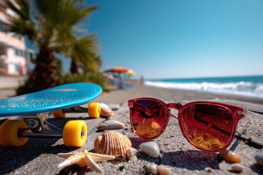 Relaxing beach scene with a skateboard, sunglasses, and seashells inviting summer vacation vibes and spring break fun by the shore - Powered by Adobe