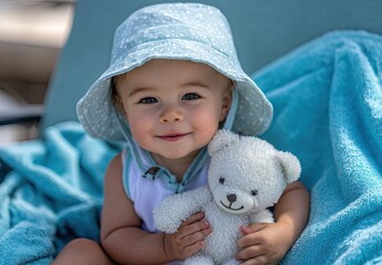 A baby sitting on a blue towel, wearing a bucket hat, smiling at the camera