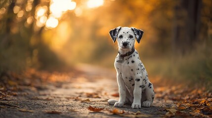 Adorable White Spotted Puppy Sitting on Autumn Forest Path with Fallen Maple Leaves, Warm Golden Sunset, Shallow Depth of Field and Soft Bokeh, Peaceful Photorealistic Pet Scene with Negative Space
