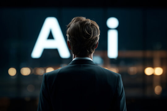 A man in a suit is looking at a screen with the letters AI on it - Powered by Adobe