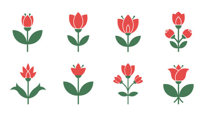 Geometric Floral Set, Red Flowers, Green Leaves, Folk Style Plants, Isolated Vector Illustration