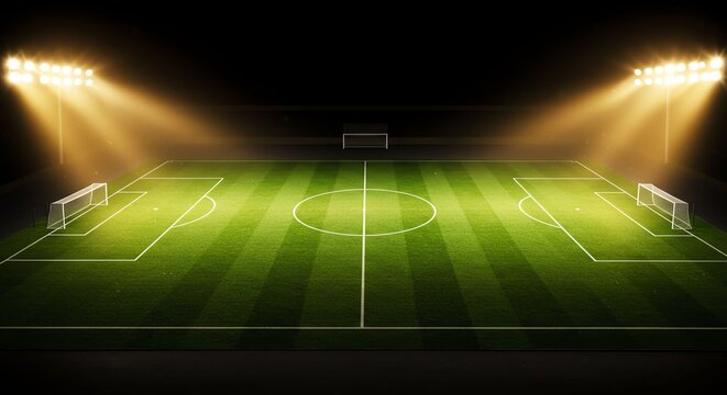 Futuristic Soccer Field Under Bright Stadium Lights at Night