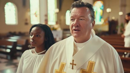 A priest delivering a sermon in a church with a young woman standing nearby