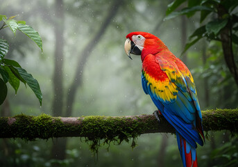 Obraz premium Photorealistic colorful macaw parrot perched on tropical rainforest branch, vibrant red, blue, yellow feathers, misty jungle background, exotic bird