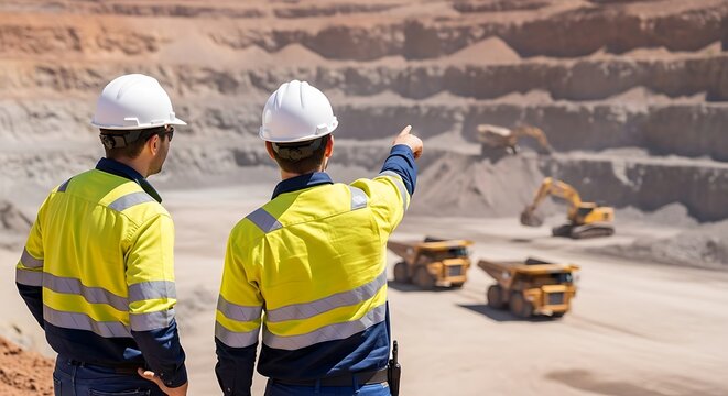 Two engineers in safety gear overlook heavy machinery operating in a large open-pit mine.