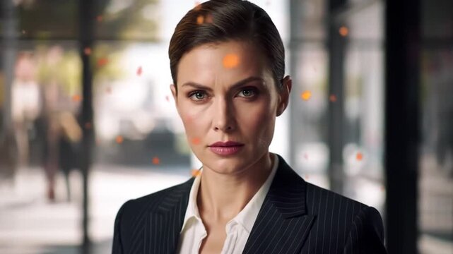 Intense woman in pinstripes stares ahead