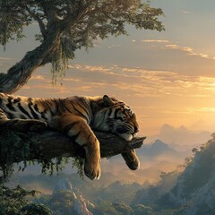 A movie poster with an African tiger lying lazily on a branch in the early morning