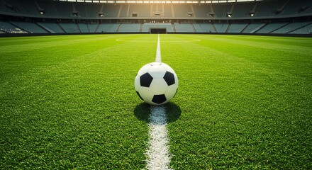 Soccer Ball on Green Grass Field in Empty Stadium with Bright Sunlight