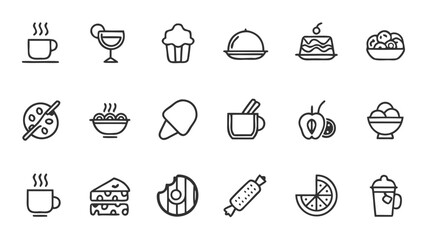 Collection of food and drink icons featuring coffee, desserts, fruits, and other culinary items