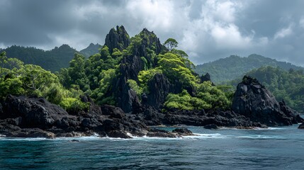 Craggy black volcanic island with tropical green cover