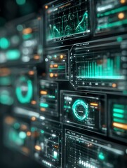 Fototapeta premium Futuristic interface displaying complex data analysis and metrics in teal and orange