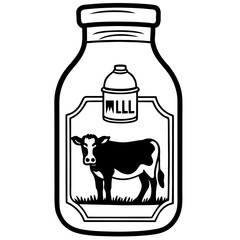 Cow milk bottle with farm label line art vector 