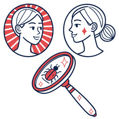 Two people looking at a ladybug under a magnifying glass representing inspection or discovery