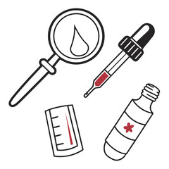 Medical laboratory equipment including a dropper with red liquid a magnifying glass with a drop a test tube with markings and a bottle with a red symbol