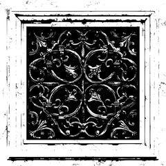 Ornate square panel with floral and circular designs in a black and white framed illustration style