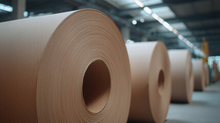 Paper manufacturing industrial kraft rolls in factory warehouse. Large brown cardboard production materials stored in mill facility. Commercial packaging supply business concept.