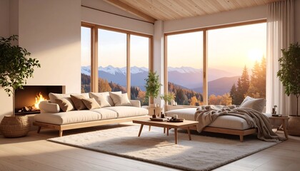Modern, cozy living room with mountain view