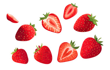 flying strawberries with sliced strawberry isolated on a transparent background