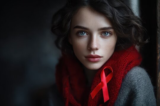 Impression of a woman wearing a red ribbon during December to raise awareness for World Aids Day, capturing a moment of reflection and hope