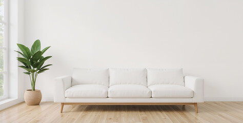 Interior, empty wall mockup of a clean and modern living room with a white sofa and a potted plant, creating a serene and inviting atmosphere 3d render real template