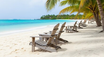 Idyllic tropical beach scene with wooden chairs under palm trees for relaxation