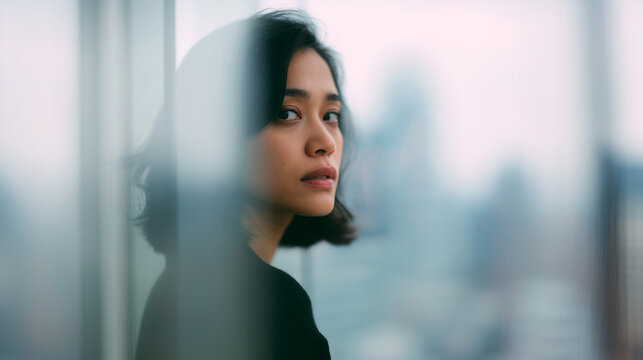 Thoughtful Asian woman in artistic double exposure portrait reflecting on mental health and wellbeing. Conceptual image for psychology therapy mindfulness and emotional care.