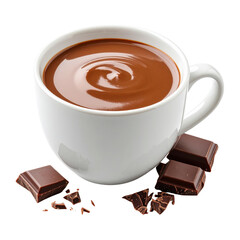 hot chocolate in a white mug, garnished with chocolates on a transparent background