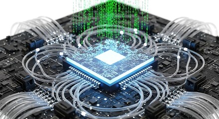 Advanced Microchip Technology with Fiber Optics and Binary Code Showcasing Innovation in Data Processing and High Speed Computing
