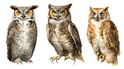 Watercolor horned owl on white background. Hand drawn watercolour bird, wild life illustration.
