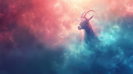 Fototapeta premium A mystical goat silhouette emerges from colorful cosmic clouds. The scene features vibrant hues of pink, blue, and purple, creating a dreamlike atmosphere.