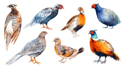 set watercolor of grouse, bird illustration is drawn on an isolated white background