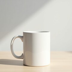 Obraz premium Mug mockup a simple white mug sits on a dark wooden table against a dark background in a studio setting