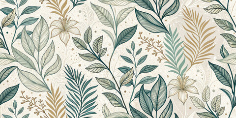 Fototapeta premium Elegant botanical pattern with delicate leaves and flowers in soothing earthy tones