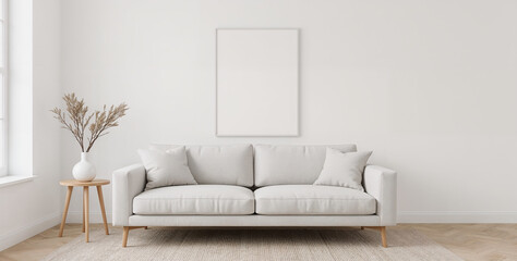 Interior, empty wall mockup of minimalist living room with a comfortable sofa, side table, and dried flowers in a vase, featuring a blank frame on the wall 3d render real template