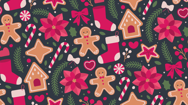 Christmas seamless pattern with gingerbread cookies, stockings, ornaments and festive elements on dark background
