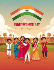 Cute Indian kids in traditional clothes waving flags in a parade, joyful expressions, celebrating Independence Day, 15th August