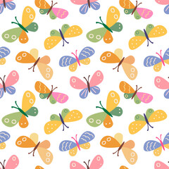 Seamless Pattern with Butterfly Design on White Background. Hand Drawn Vector Illustration. 