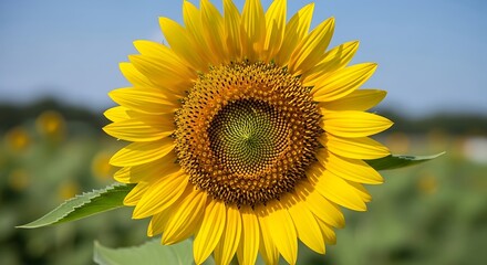Obraz premium Vibrant sunflower in full bloom against a serene blue sky backdrop detail