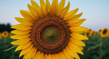 Fototapeta premium Vibrant Sunflower Close-Up in a Field, Showcasing Nature's Beauty at Sunset