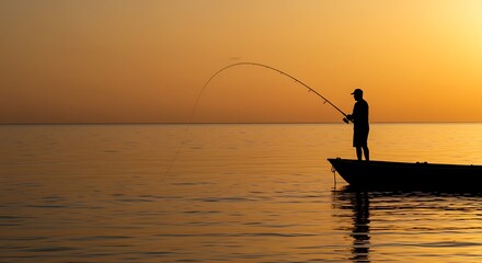 Fototapeta premium Silhouette of a fisherman on a boat at sunset catching a fish casting a long shadow with a golden sky backdrop