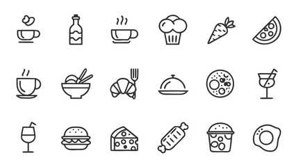 Collection of various food and drink icons arranged in a grid pattern for culinary themes 100