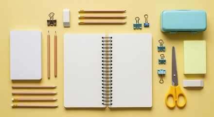 Pastel Workspace Knolling Organized Stationery on Yellow Desk.