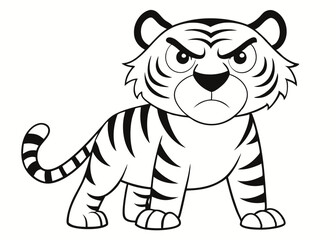 Furious Cartoon Tiger in Black and White Outline Style