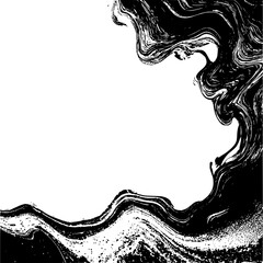 Black and white abstract image featuring swirling patterns and textures with a contrasting background space