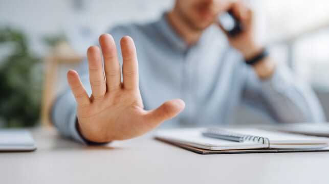 Stressed businessman shows stop gesture with palm facing camera. Professional man overwhelmed by business problems and workplace pressure in modern office setting. - Powered by Adobe