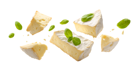 Falling pieces of Camembert cheese. isolated on a transparent background