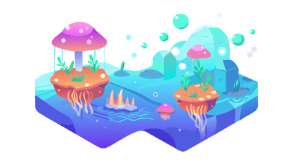 Obraz premium Isometric fantasy island with mushroom trees floating in blue water vector illustration design art