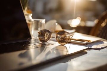 Business laptop on a table reflecting sunlight at an outdoor caffe during a productive afternoon work session with a view